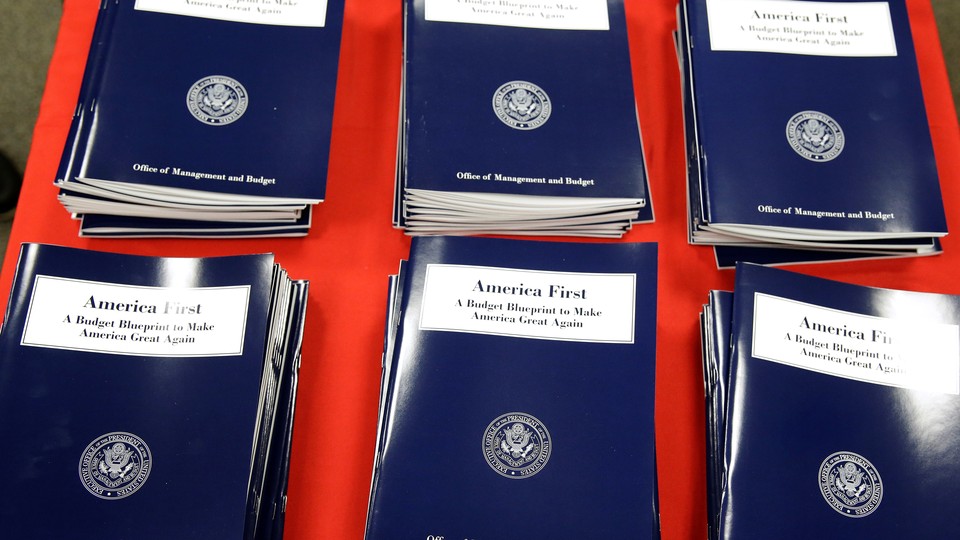 President Donald Trump's overview of the budget priorities for Fiscal Year 2018 are displayed at the U.S. Government Publishing Office.