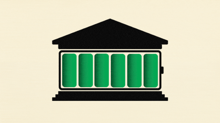 Gif of a house with a battery bar as its main body. The battery is losing charge.