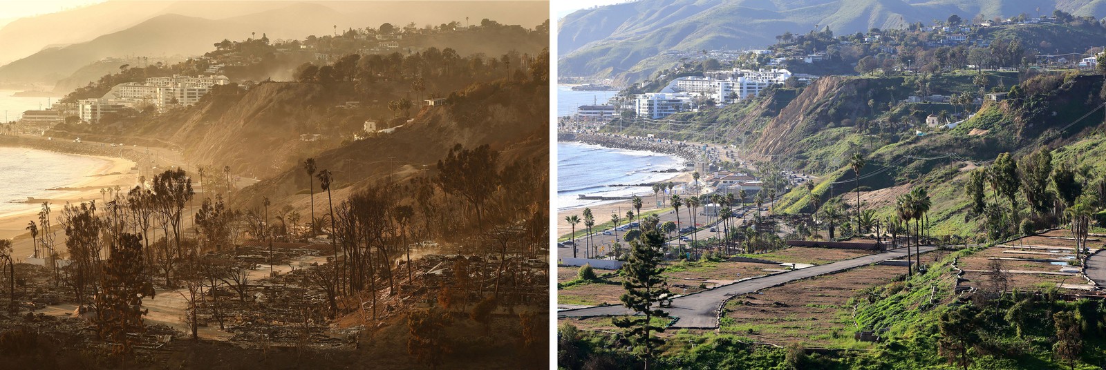 A pair of matched photographs, at left showing an aerial overview of a smoldering coastal neighborhood after a wildfire burned through, and at right the same neighborhood one year later with some plant regrowth and cleared residential lots.