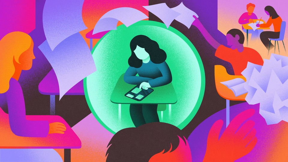 A child shown in a glowing green bubble, using a digital device in a chaotic classroom