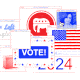 An animated red, white, and blue graphic showing flashing internet political ads and cursors clicking