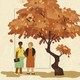 Illustration of two women, one white, one Black, standing under a tree with orange leaves. The background resembles an aged piece of paper and has transparent words on it.