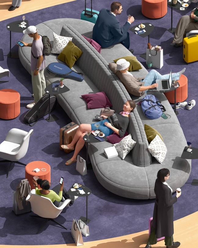 illustration of many different travelers relaxing on large gray sofa in purple-carpeted lounge