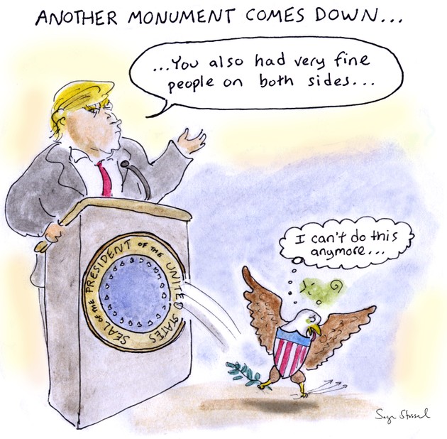 Another monument comes down: In a cartoon, the American eagle leaps off Trump's podium in response to his remarks on Charlottesville.