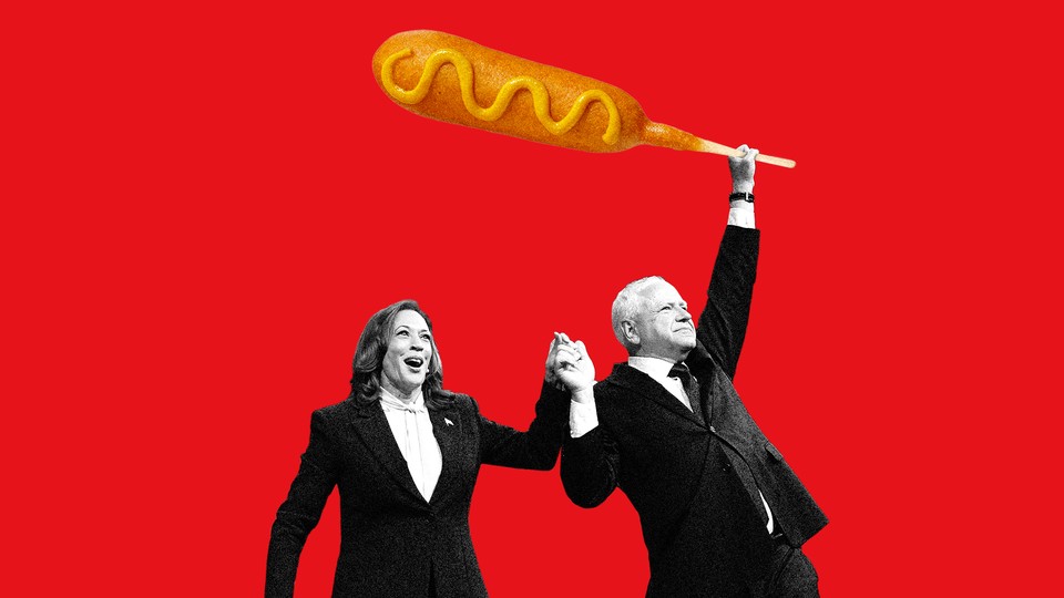 Collage of Kamala Harris and Tim Walz, who is holding a corn dog aloft