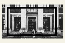 A photo illustration of a student walking up the steps of Harvard University