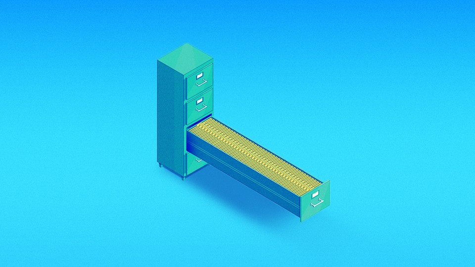 An impossibly long and full filing cabinet against a blue gradient background