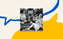 The outline of a blue speech bubble fills the top half of the screen. A yellow, filled-in speech bubble is on the bottom of the screen. In the middle is a black-and-white photo of four people sitting on a stoop. A Black woman smiles at a smiling girl child with her hair pulled back, a grandfatherly figure looks on smiling and sitting on a lower stair is a white woman holding a baby and smiling up at the group.