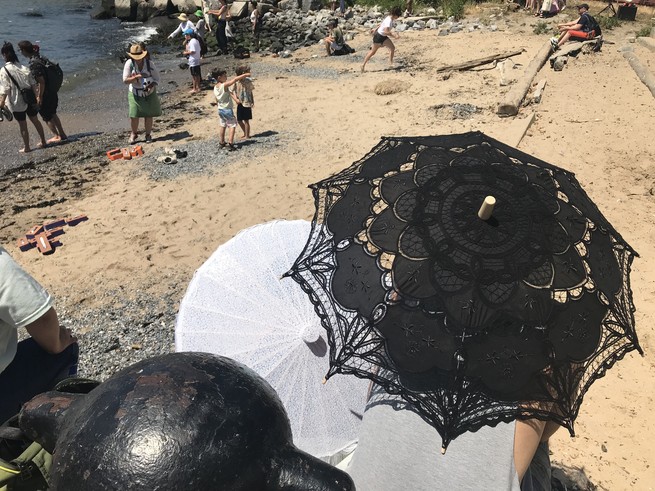 Shot from behind, a photo of two people sitting on a beach holding old-fashioned parasols.