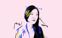 A stylized image of Elaine Hsieh Chou on a pale pink background, with blue, yellow and black squiggles around her head.