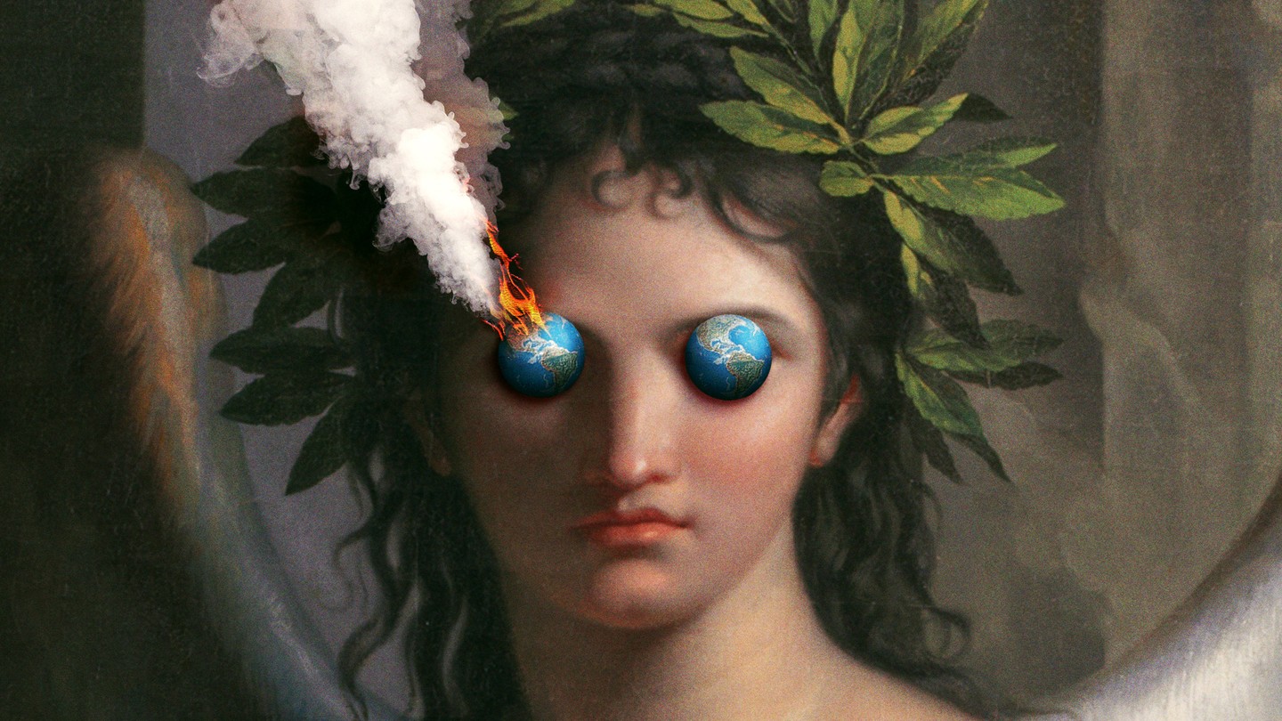 An illustration of an ancient Greek figure with globes for eyes, one of which is on fire and smoking