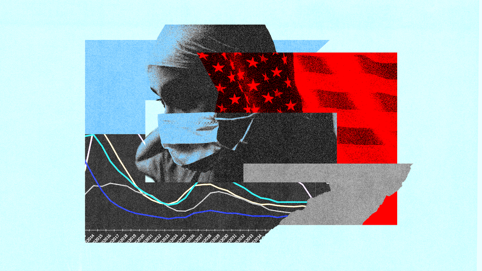 A woman in a surgical mask with blue and red blocks of color behind her—one is a graph, another an America flag