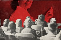 vintage photo of students looking at giant red paper teacher photo