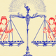 Illustration of balance scale weighing angels of good and evil