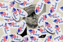 A photo-illustration of Donald Trump's portrait covered in "I Voted" stickers.