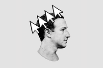 A photo-illustration of Mark Zuckerberg in profile wearing a crown of cursor arrows