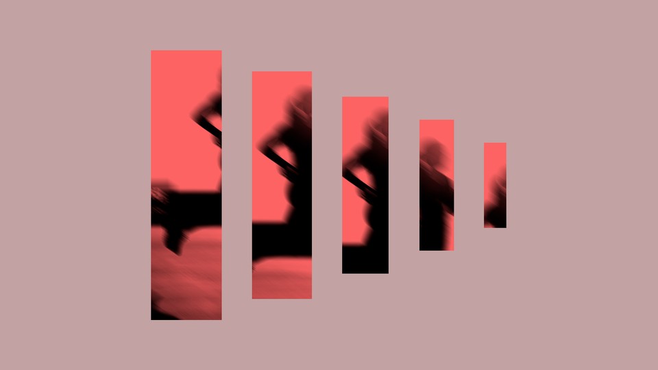 Graphic design of segmented image showing a woman running. Rectangles go from big to small, left to right.