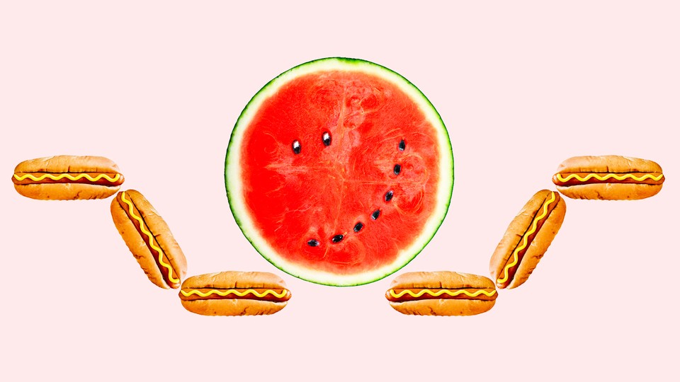 Watermelon and hot dogs in the shape of a person shrugging
