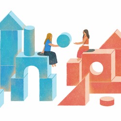 An illustration of the two friends sitting on blue and red colored building blocks.