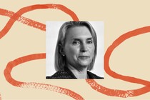 A black-and-white photo of Bridget Brink, former ambassador to Ukraine, set against an illustrated background