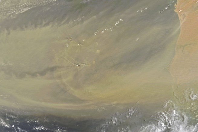 Dust plumes blow over the Cape Verde (Cabo Verde) islands, imaged by NASA’s Terra satellite on June 18, 2020