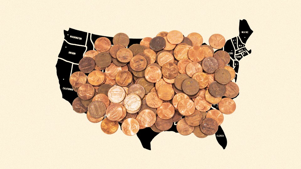 An illustration of the United States map covered in pennies.