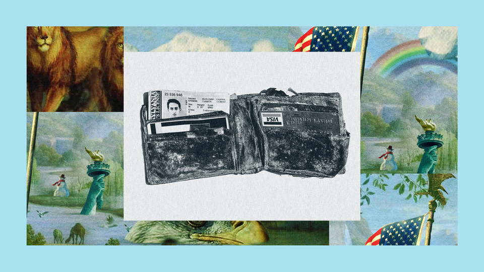 The late Bobby McIlvaine’s wallet lies open, warped with age and covered with soot from the 9/11 attacks. The image is set into a frame featuring The Experiment’s show art.