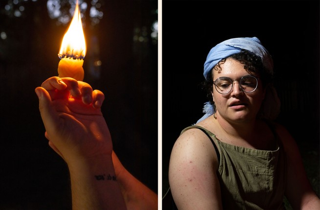 diptych: candle with hands illuminated: a woman looks left