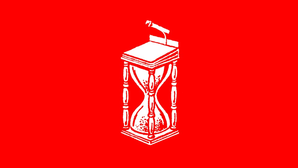 An illustration of a lectern with an hourglass inside