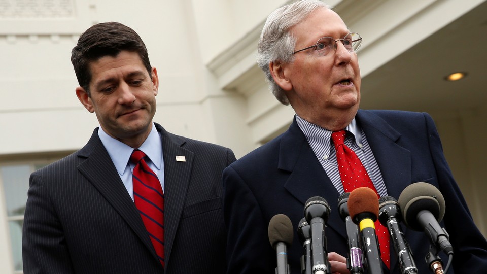 Paul Ryan and Mitch McConnell speak to reporters. 