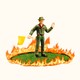 Photorealistic collage of a National Parks ranger figurine holding a yellow flag and standing in a patch of grass encircled by flames