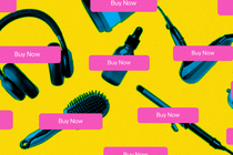 Various products—headphones, brush, eyedrops, blow dryer, and more—with "buy now" icons on them.