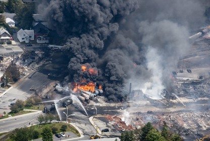 Aerial photograph of a fire in the aftermath of a train derailment in East Palestine, Ohio, in February 2023