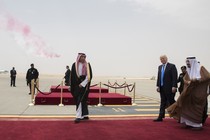 President Donald Trump is greeted by Salman bin Abdulaziz Al Saud, king of Saudi Arabia, in Riyad on May 20, 2017.