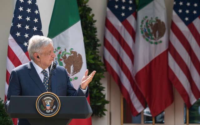 Donald Trump and Mexican President Andres Manuel Lopez Obrador speak at a joint press conference in the Rose Garden of the White House in July 2020.