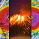 A radar image of a hurricane alongside an erupting volcano