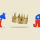 An illustration of the Democratic donkey and the Republican elephant vying for a crown.