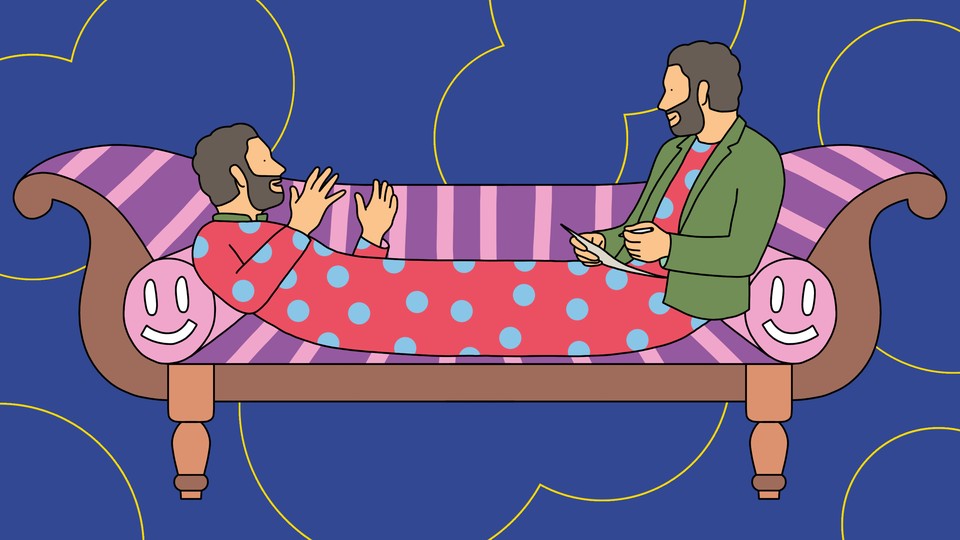 Illustration of two identical men connected at the torso on a therapist’s couch, with one speaking and the other taking notes