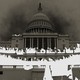 Black-and-white photo of the United States Capitol on January 6, with demonstrators blocked out in a white-and-gray-checkered pattern