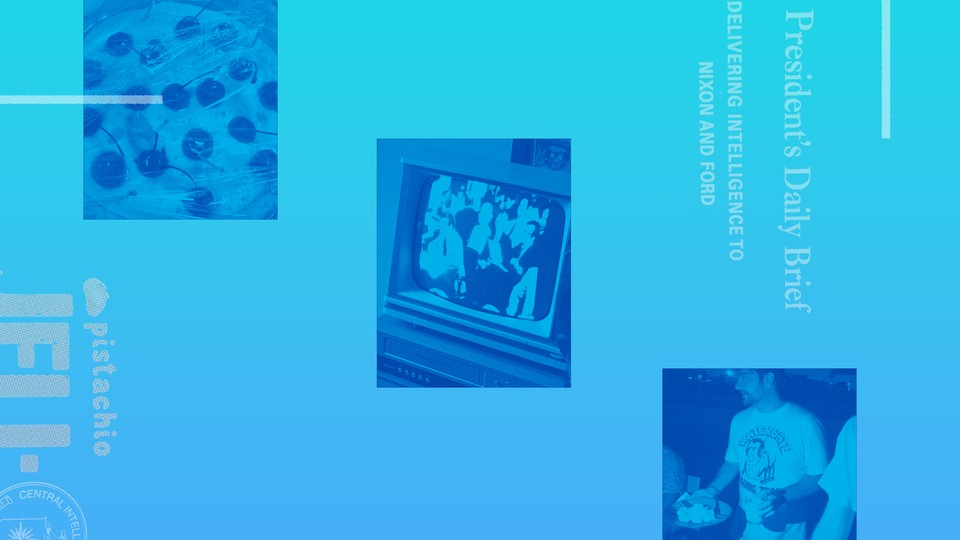 A collage on a blue background, showing text from a pistachio Jell-O packet and a book about Watergate, as well as photos of a pie covered in cherries, a TV showing Watergate-hearing footage, and a man holding a plate of cottage cheese