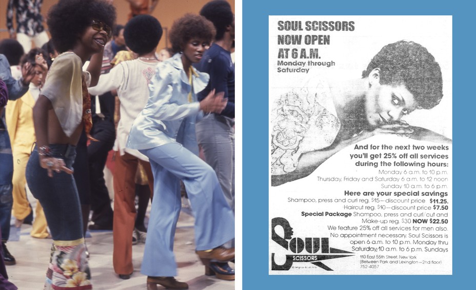 diptych: left soul train dancers 1974. right ad for soul scissors