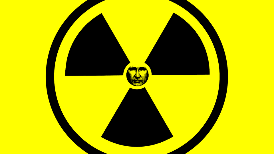 An illustration of a Ionizing radiation symbol with a black-and-white photo of Vladimir Putin in the center.