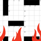 black-and-white crossword grid with red flames