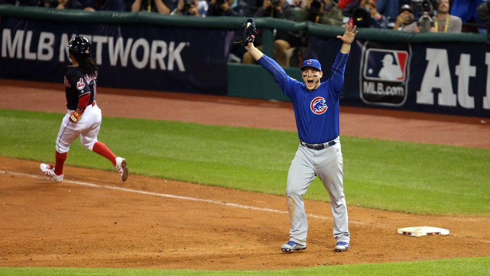 Anthony Rizzo, the first baseman for the Chicago Cubs, celebrates winning the World Series.