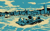 An illustration of five people on an inflatable raft with Hong Kong's skyline in the background