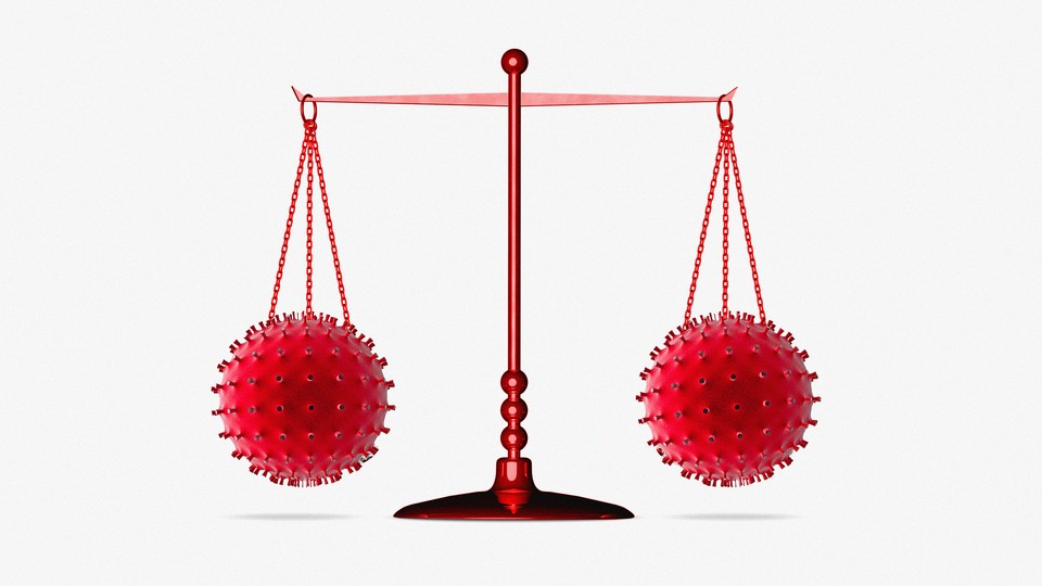 An illustration of red scales of justice balancing two coronaviruses.