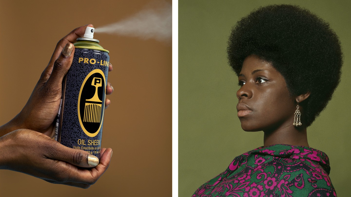 diptych afro sheen spray and woman with afro on green background