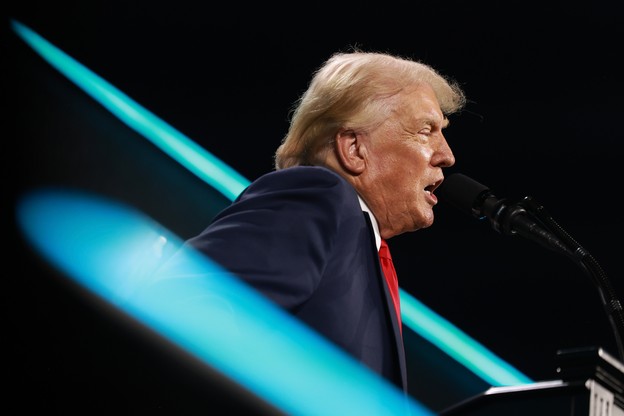 Donald Trump speaks into a microphone