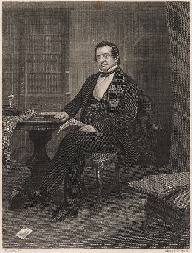 black-and-white engraved portrait of man seated at table in room with books