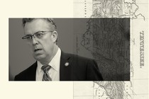 Illustration with a black-and-white photograph of Andy Ogles overlayed in front of a beige, old map of Tennessee that has been rotated 90 degrees